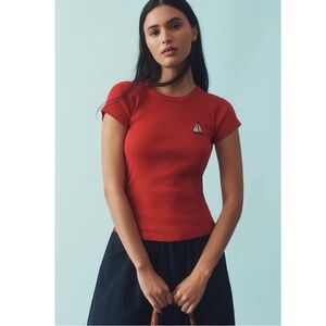 Anthropologie Red Short Sleeve Tee with Nautical Sailboat Embroidery